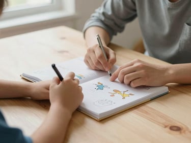 Hands of a child and a caregiver side by side over an open illustrated workbook on a pale wooden table, soft window light from above-left, no faces visible, unhurried and focused