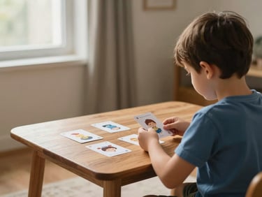 Child seen from behind, seated at a low wooden table, looking at simple illustrated cards in a softly lit calm room, warm natural window light from the left