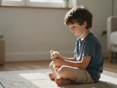 Child in profile, sitting cross-legged on a soft rug, holding a small plush object, gentle north-facing diffused light, quiet interior, no clutter