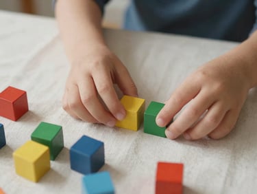 Close-up of a child's hands arranging small coloured wooden blocks on a light linen surface, soft diffused natural light, calm and unhurried mood