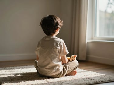Child seen from behind sitting cross-legged on a soft rug in a quiet room, a small plush object in their lap, warm north-light from a window to the right, calm and still atmosphere