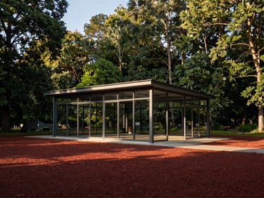 Wide-angle exterior shot of a modern steel and glass architectural pavilion in a dense forest, low-angle golden hour lighting, deep shadows.
