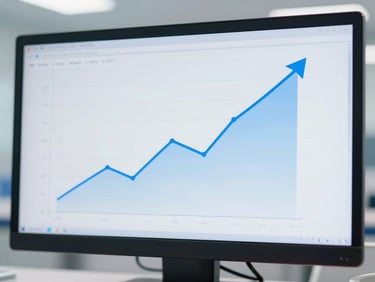 Abstract data visualization on a monitor, showing upward trends and analytics, clean editorial photography, bright natural daylight, surgical blue accents, sharp focus.