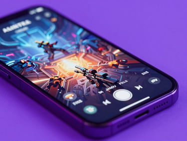 Close-up macro of a modern smartphone displaying a vibrant sci-fi shooter game, neon violet backlighting, sharp focus on screen UI, 35mm.