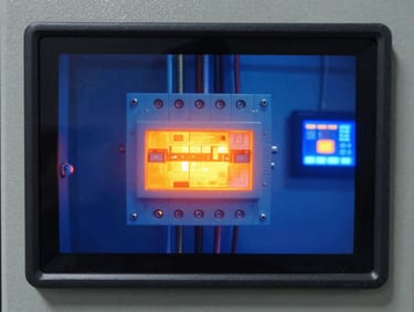Thermal camera viewfinder showing a glowing heat map of an electrical panel with a hot-spot anomaly highlighted in amber-orange against cool blue components, control room screen glow in background