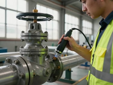 Technician pressing an ultrasonic probe against a large valve body on an industrial pipeline, yellow safety vest, warehouse daylight through high windows, focus on the probe contact point
