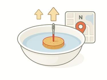 A deep dish with water, a cork, and a needle floating in it pointing north.