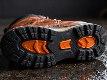 Macro shot of the intricate tread pattern of a safety boot sole, showing self-cleaning grooves, wet industrial floor, high-contrast side lighting, deep charcoal and safety-orange accents, 35mm.