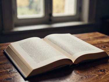 Close-up of an open book with classical serif typography on a wooden table, warm golden daylight filtering through a chapel window, rich navy tones, 35mm