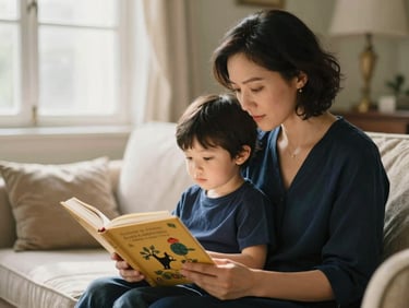 A mother and child reading a beautifully illustrated book together in a sunlit living room, soft focus, warm atmosphere, elegant and quiet setting, 35mm