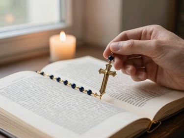 Close-up of a hand holding a vintage rosary over an open page of classical Latin typography, soft warm candlelight, shallow depth of field