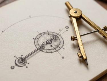 Macro close-up of precise astronomical line-art diagrams drawn in dark ink on heavy parchment paper, brass compass resting nearby.