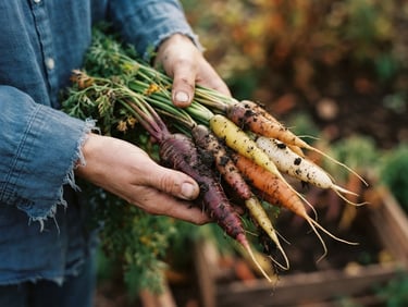 Hands holding freshly harvested heirloom carrots with soil still clinging to them, soft morning daylight, 35mm lens.