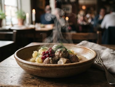 Close-up of steam rising from a freshly plated dish in a dimly lit, cozy Scandinavian-style restaurant, shallow depth of field.