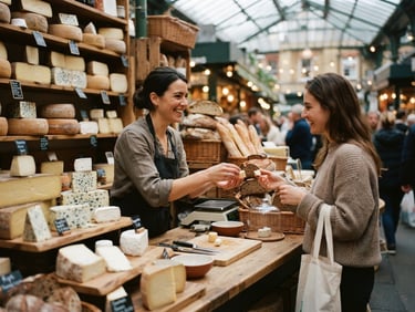 A vibrant, cozy indoor food market stall with artisanal cheeses and fresh bread, warm interior glow, candid shot.
