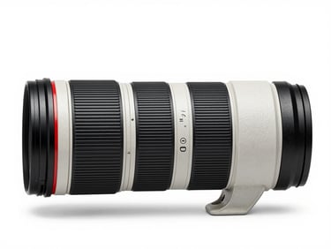 Professional 24-70mm f2.8 zoom lens, side profile, clean white studio background, sharp details