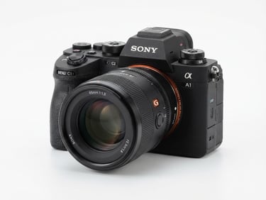 Sharp studio product photography of a premium mirrorless camera body, clean white background, high-key lighting, 85mm lens