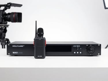 Professional Hollyland Lark Max wireless microphone system, transmitter and receiver on a clean studio surface, white background