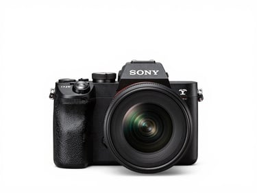 Sharp front-facing product profile of a Sony Alpha mirrorless camera body, clean white studio backdrop, bright high-key lighting, professional camera gear, 85mm lens