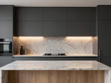 Straight-on architectural photograph of a modern kitchen with matte charcoal cabinetry, warm integrated LED under-cabinet lighting, and a seamless quartz countertop meeting veneer panels.