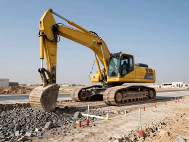 Equipment operator in cab of a yellow excavator grading a road base on an infrastructure site in Sharjah, wide shot showing compacted gravel and surveying stakes under clear blue sky