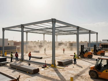 Wide shot of a logistics warehouse under construction in Jebel Ali Free Zone, steel frame erection in progress, crew of laborers visible at ground level moving materials, dust haze and forklifts in background