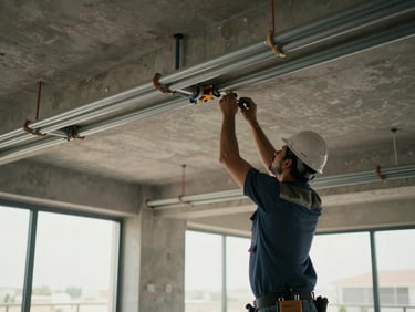 Electrician installing conduit in a commercial fit-out in Abu Dhabi, ceiling open with cable trays visible, natural light from large site windows, worker in hard hat mid-task