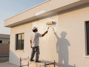 Painter applying roller coat to an exterior facade on a residential compound in Ajman, scaffolding plank underfoot, golden afternoon light casting long shadows across the freshly painted surface