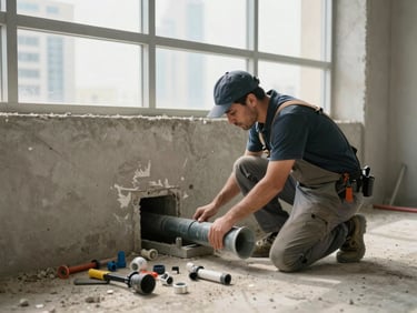 Plumber threading pipe through a concrete slab opening on a high-rise floor in Dubai Marina, tools and fittings laid on dusty floor beside him, natural daylight from unglazed window openings