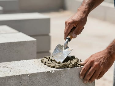 Close-up of a mason's hands laying concrete block on a residential mid-rise in Dubai, trowel spreading mortar under direct midday sunlight, stacked courses visible in the background