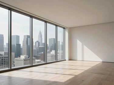 Wide panoramic sun-drenched minimalist interior of a high-spec penthouse, floor-to-ceiling windows revealing the city skyline, generous negative space on the right.