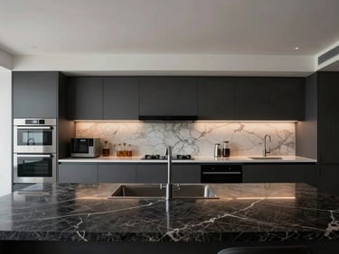 Wide-angle architectural symmetry of a modern penthouse kitchen, high-end integrated appliances, dark marble countertops.