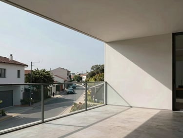 Wide panoramic view of a sun-drenched minimalist interior, cantilevered balcony overlooking a quiet avenue, sharp shadows.