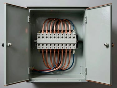 Straight-on orthographic studio shot of an open low-voltage distribution board, clean interior wiring, organized copper busbars, hard industrial shadows