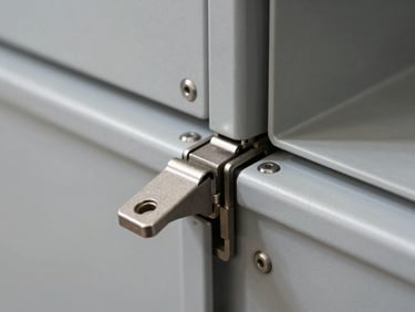 Macro detail shot of heavy-duty plastic molding seams and integrated hinges on an industrial enclosure, clean hard studio lighting, technical precision.