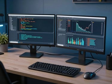 A clean, high-end technical workspace with dual monitors displaying code and analytics graphs, low-key blue lighting, organized and precise environment