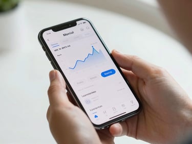 Close-up of young hands holding a smartphone displaying a clean, modern financial app interface with bright natural light