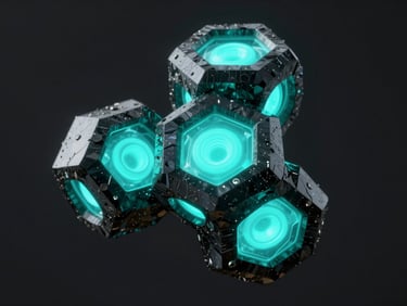 Abstract 3D render of three interlocking geometric obsidian nodes, glowing electric cyan core, high-contrast low-key lighting, technical diagram overlay