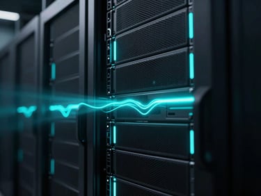 Close-up of server racks in a dark cold data center, sharp neon cyan edge-lights piercing deep shadows, abstract glowing data streams
