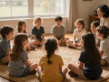 A small group of children sitting in a circle on a warm rug, laughing and talking with a mentor, natural window light.