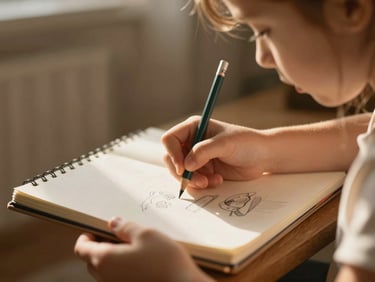 A young girl focusing on sketching in a notebook with watercolor pencils, soft golden light, close-up on hands.
