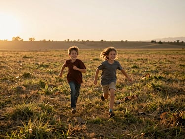 Two children running across a grassy field in Temecula during golden hour, smiling, motion blur, warm earthy tones.