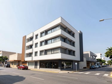 Wide-angle architectural view of Erechim downtown streets with modern low-rise buildings under bright, natural daylight