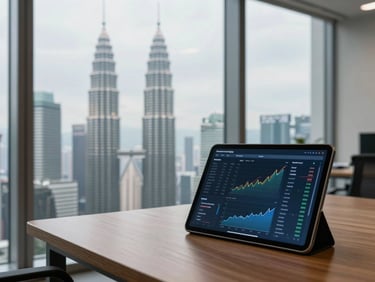 Side view of a modern office window overlooking Kuala Lumpur, a tablet on a wooden table displaying real-time marketing analytics and charts showing positive growth