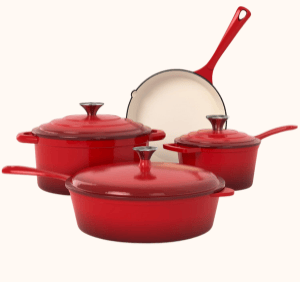 A set of vibrant red cookware includes a frying pan, saucepan, casserole dish, and stew pot, lids.