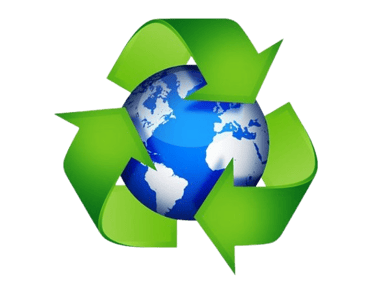 Green recycling symbol arrows surrounding a blue and white planet Earth for global sustainability.