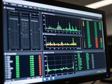 Close-up of a network operations center screen showing live infrastructure monitoring dashboard with server metrics, uptime graphs, and alert indicators; even cool indoor lighting, tight crop on the display surface, no people visible, dark environment with bright data visualizations