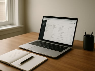 Wide environmental shot of a tidy desk workspace lit by natural daylight from a window on the left — open laptop showing a Shopify store admin panel, a notepad with written figures beside it, clean background wall, no people visible, structured and focused atmosphere