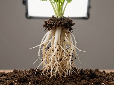 Dense white root system of a young vegetable plant lifted from dark soil, bright studio light from above against a neutral background, roots fanned out to show full development