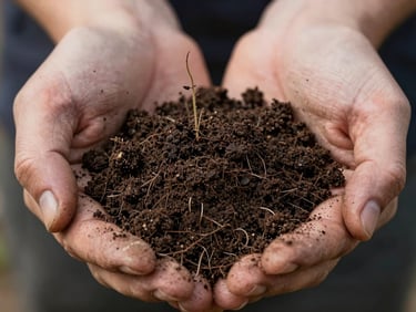 Macro close-up of dark moist soil held in two weathered hands, natural daylight from above, fine soil granule texture clearly visible, roots of a seedling visible between fingers